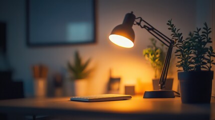 A desk lamp illuminating a keyboard and potted plants in a dimly lit indoor setting at night