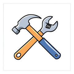 Vector icon of a crossed hammer and adjustable wrench. Symbol of construction, repair, and DIY tools with a bold outline.