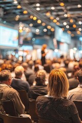 Conference Speaker Addressing Attendees in Large Convention Hall
