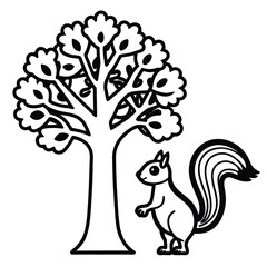 Fototapeta premium A happy squirrel stands by a large leafy tree in the forest