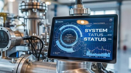 A tablet displays real-time system status and data analytics on a digital twin interface, set against a backdrop of industrial piping in a modern factory - Powered by Adobe