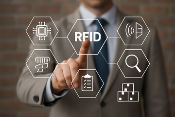 RFID. RFID - Radio Frequency Identification Communication Modern Shopping Concept.