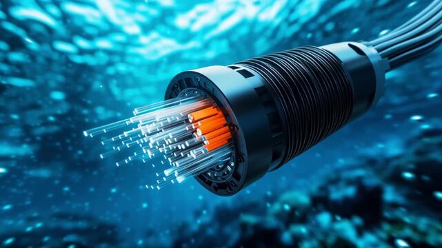 Underwater fiber optic cable with glowing light transmitting data through ocean water, showcasing advanced technology and seamless data transmission