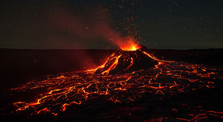 Nature background volcano eruption at night: exploring the fiery landscape and volcanic activity of nature