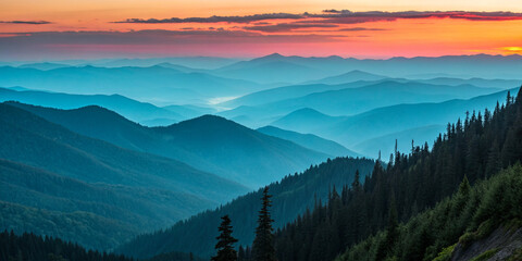 Obraz premium Layered mountain range at sunset with vibrant sky mountains landscape