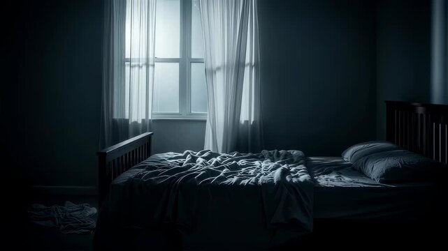 Dark bedroom with flowing curtains and rumpled bed, featuring subtle movement for a unsettling interior atmosphere footage.