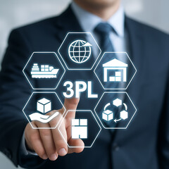3PL Business concept. Integrated warehousing and transportation operation service. Cargo export, import. Air, road, maritime.