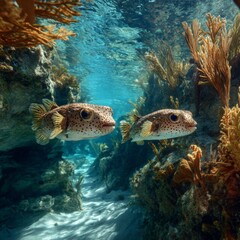 Underwater Scene with Coral and Unique Fish Swimming in Ocean