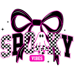 Coquette Spooky Vibes PNG – Cute Pastel Halloween Ghost with Bow and Hearts – Transparent Background