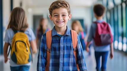 Smiling boy in a school hallway with other students wearing backpacks walking in the background blur