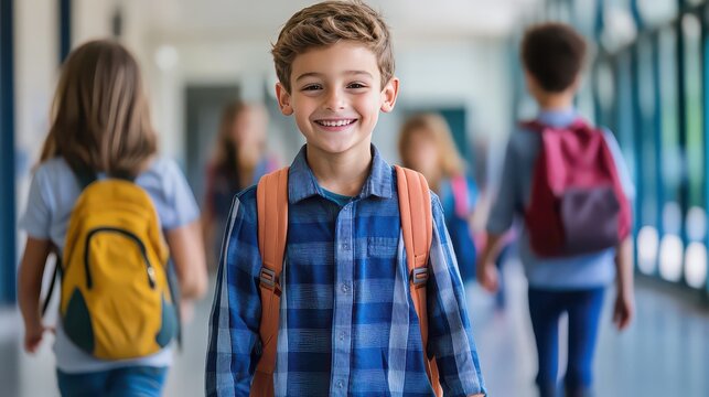 Smiling boy in a school hallway with other students wearing backpacks walking in the background blur