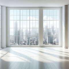 Fototapeta premium Bright, airy interior features large windows offering a sweeping city skyline view on a sunny day.