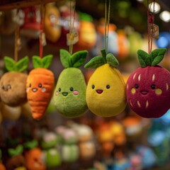 Colorful Plush Fruits in a Market Setting with Cute Expressions