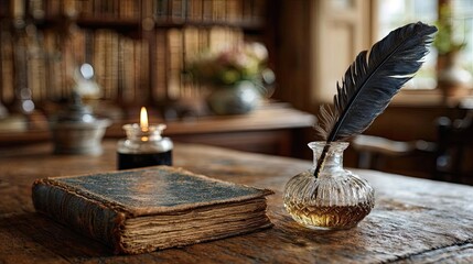 Paper logbook in rustic antique echo concept. An antique book beside a quill and ink on a rustic wooden table.