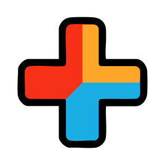 Obraz premium Boldly outlined, hand-drawn plus symbol with vibrant red, orange, and blue color-blocked quadrants.
