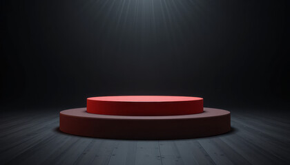 Obraz premium Illuminated red and brown stage podium on a dark wooden floor, inviting and presentation focus.