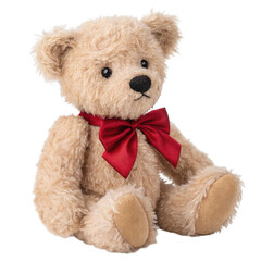 3d classic teddy bear with red bow isolated on transparent background