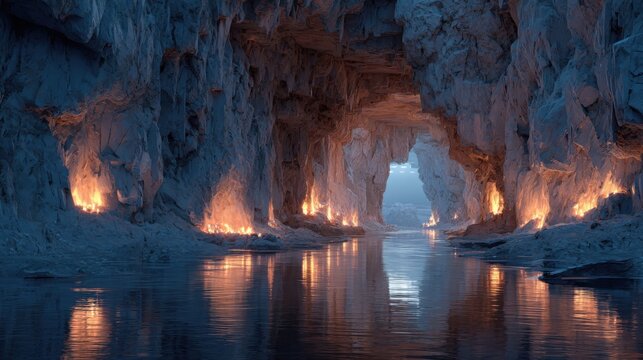 Majestic cave tunnel with glowing fires along rocky walls, a calm reflecting river, and distant light, creating an atmospheric, adventurous scene for themes of exploration, geology, and mystery