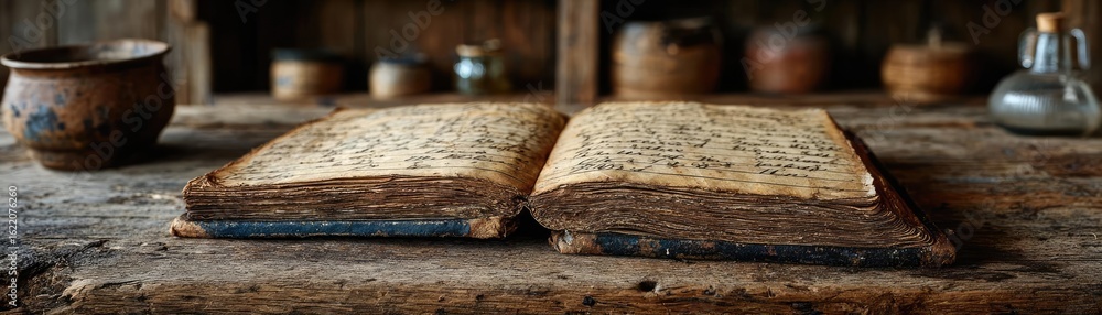 Poster paper logbook in rustic antique echo concept. an ancient book on a wooden table in a rustic environm