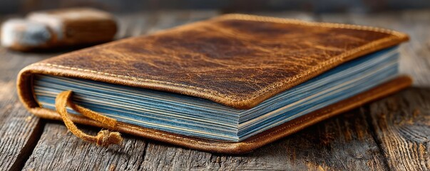 Paper logbook in rustic antique echo concept. A rustic leather journal resting on a wooden surface.