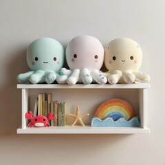 Colorful Plush Octopuses and Sea Creatures on a Shelf Display