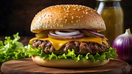 Delicious cheeseburger stacked with melted cheddar cheese, red onions, pickles, and fresh lettuce in a sesame bun, styled for food photography on a wooden surface