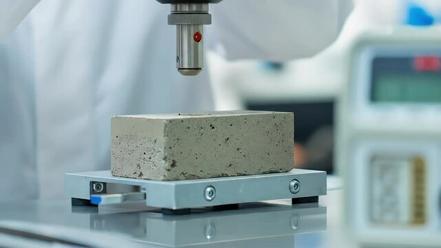 A scientist in a lab coat positions a concrete block under a precision instrument to perform a surface hardness or compression test for quality control