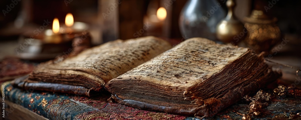 Poster paper logbook in rustic antique echo concept. an ancient open book with worn pages, surrounded by ca