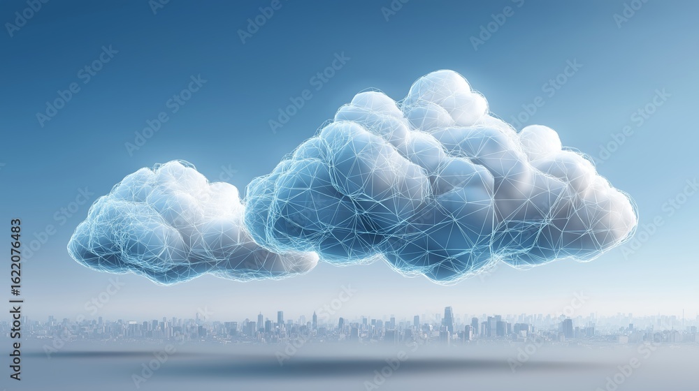 Poster futuristic networked cloud floating above smart city skyline representing digital infrastructure and