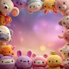 Cute Plush Toys in a Colorful Circle on a Soft Dreamy Background