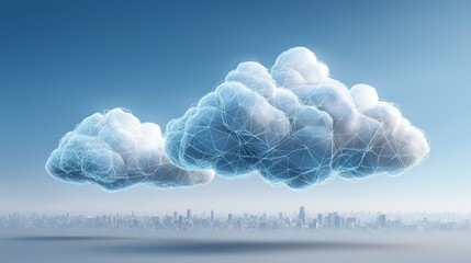 Futuristic networked cloud floating above smart city skyline representing digital infrastructure and cloud computing technologies, Generative AI