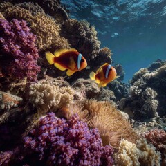 Vibrant Coral Reef Scene with Colorful Fish Swimming Below Surface