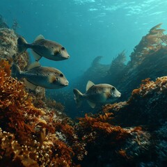 Underwater Scene with Group of Fish Swimming Among Sea Plants
