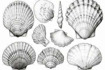 Educational coloring sheet showing simplified cross-section diagrams of spiral, fan, and scallop seashells with texture guides