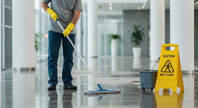 Janitor mopping a wet floor in a modern building with caution sign