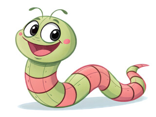 Fototapeta premium Cute cartoon green caterpillar with pink stripes smiling happily