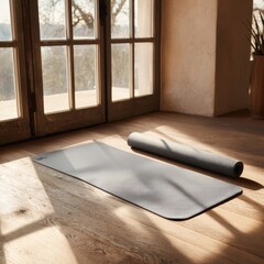 Peaceful Yoga Space with Mat and Roller Near Sunlit Window