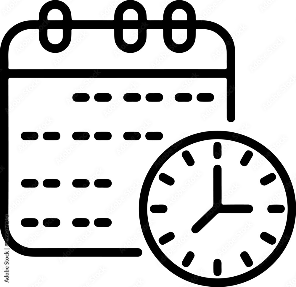 Poster simple line art icon of a calendar page and a clock symbolizing time and scheduling