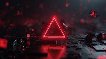A glowing red triangular shape emits a futuristic vibe in a dark digital landscape, hinting at advanced technology themes.