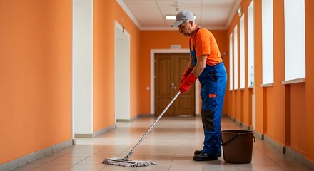 Janitor Cleaning a Long Orange Hallway with a Mop and Bucket