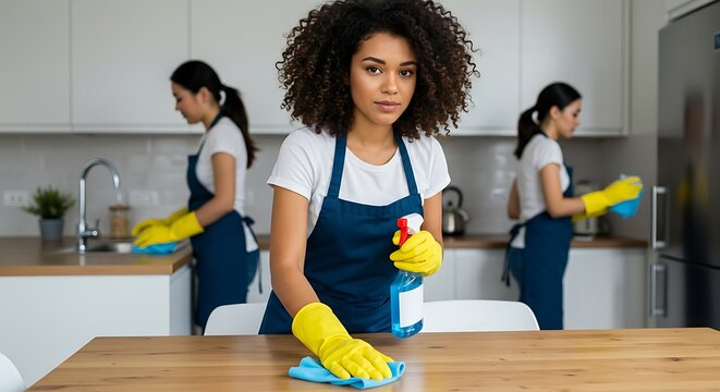 Professional Cleaning Crew Sanitizing Kitchen Surfaces in a Modern Home - Powered by Adobe