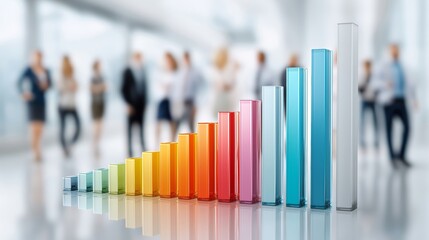 Colorful rainbow bar chart standing in office environment with blurred business team background showing corporate growth and analysis, Generative AI