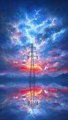 Dramatic sky with a power pole reflection