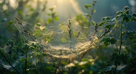 Dew-kissed spiderweb amongst greenery.
