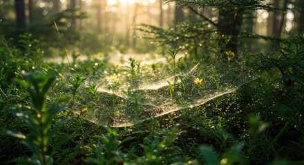 Dew-kissed spiderweb in a forest clearing.
