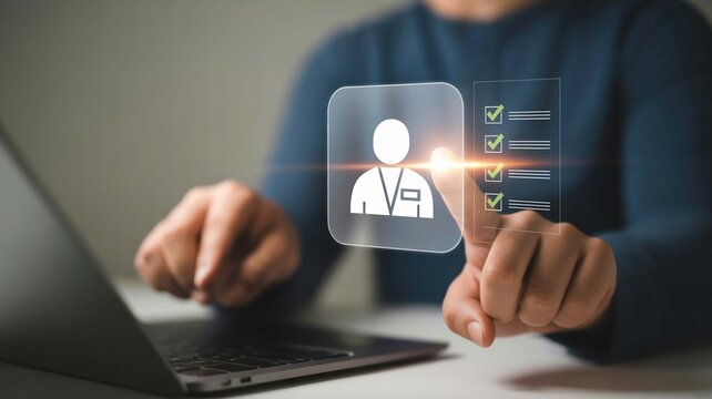 Empowering healthcare through innovative digital checklists a doctor icon and holographic interface under soft diffused