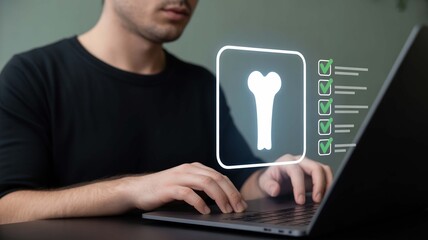 Checking bone health report online as digital checkmarks confirm diagnosis accuracy on laptop screen showing a