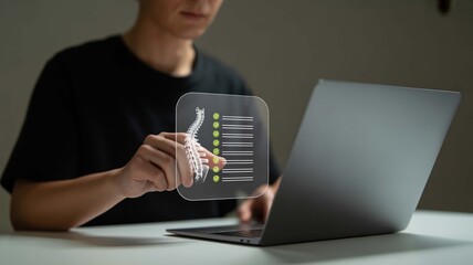 A medical professional analyzes spine health data on a transparent screen using tech in clinical assessments dark