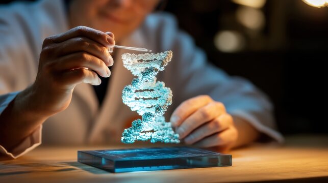 A scientist in a white lab coat conducts research with a glowing blue DNA model on a wooden table,