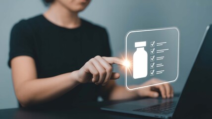 Empowering health journey A woman monitors her medication schedule online for better wellbeing clear screen soft